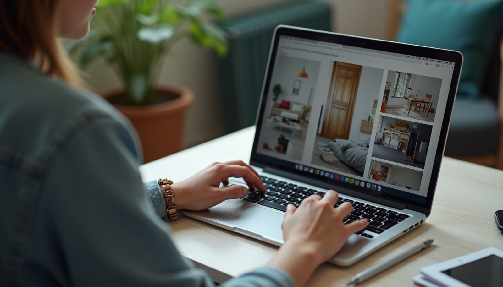 High angle view of a student searching for apartments on a laptop