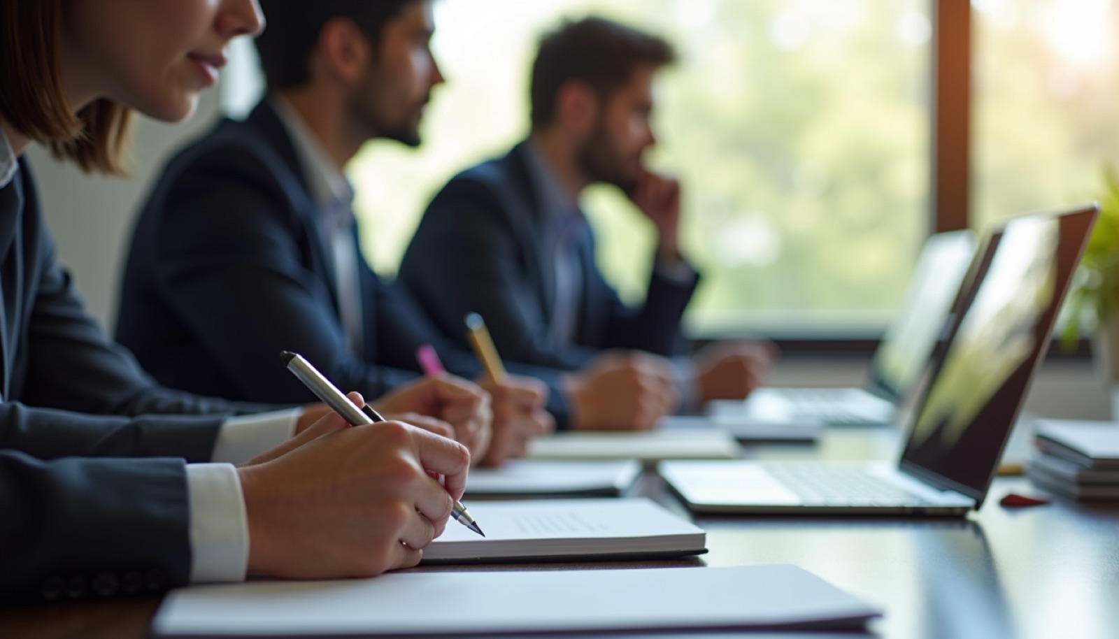 Close-up view of a training session with employees taking notes